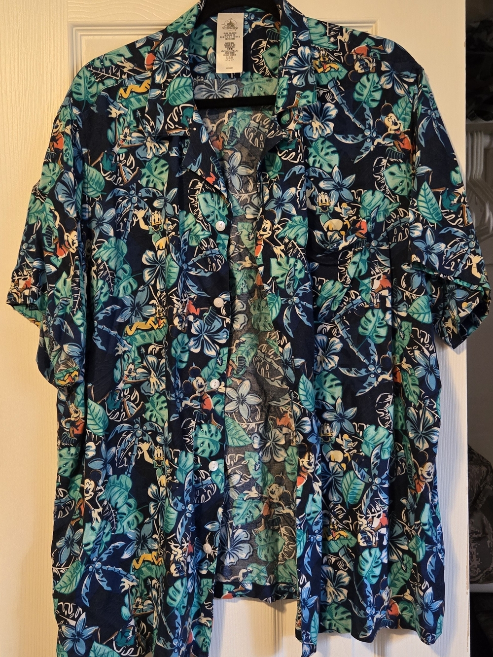 Disney Men's Navy Tropical Button-Down Shirt with Teal & Blue Character Print